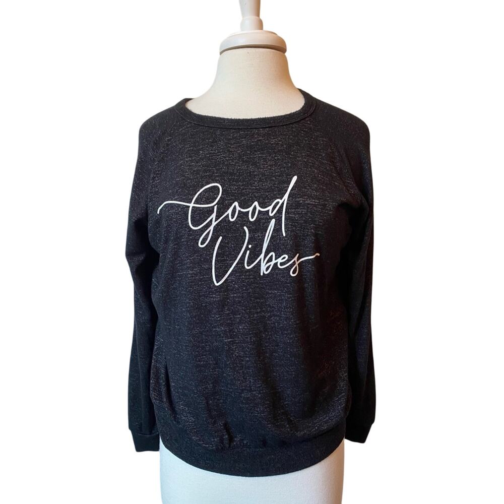 Buffalo David Bitton Women's L Graphic Good Vibes Soft Cozy Black Sweater Lounge